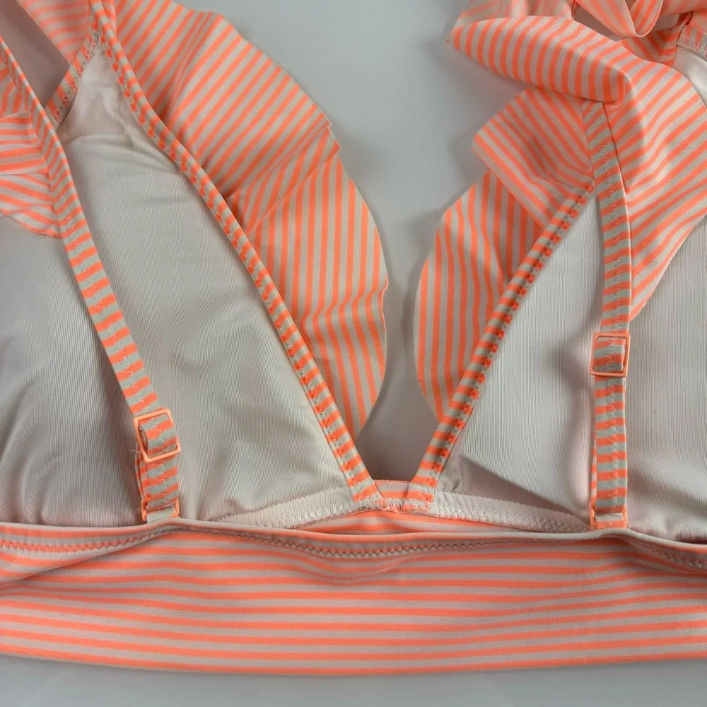 Aerie Swim Top Bikini Triangle Micro Stripe Print Neon Orange White Ruffle Strap
